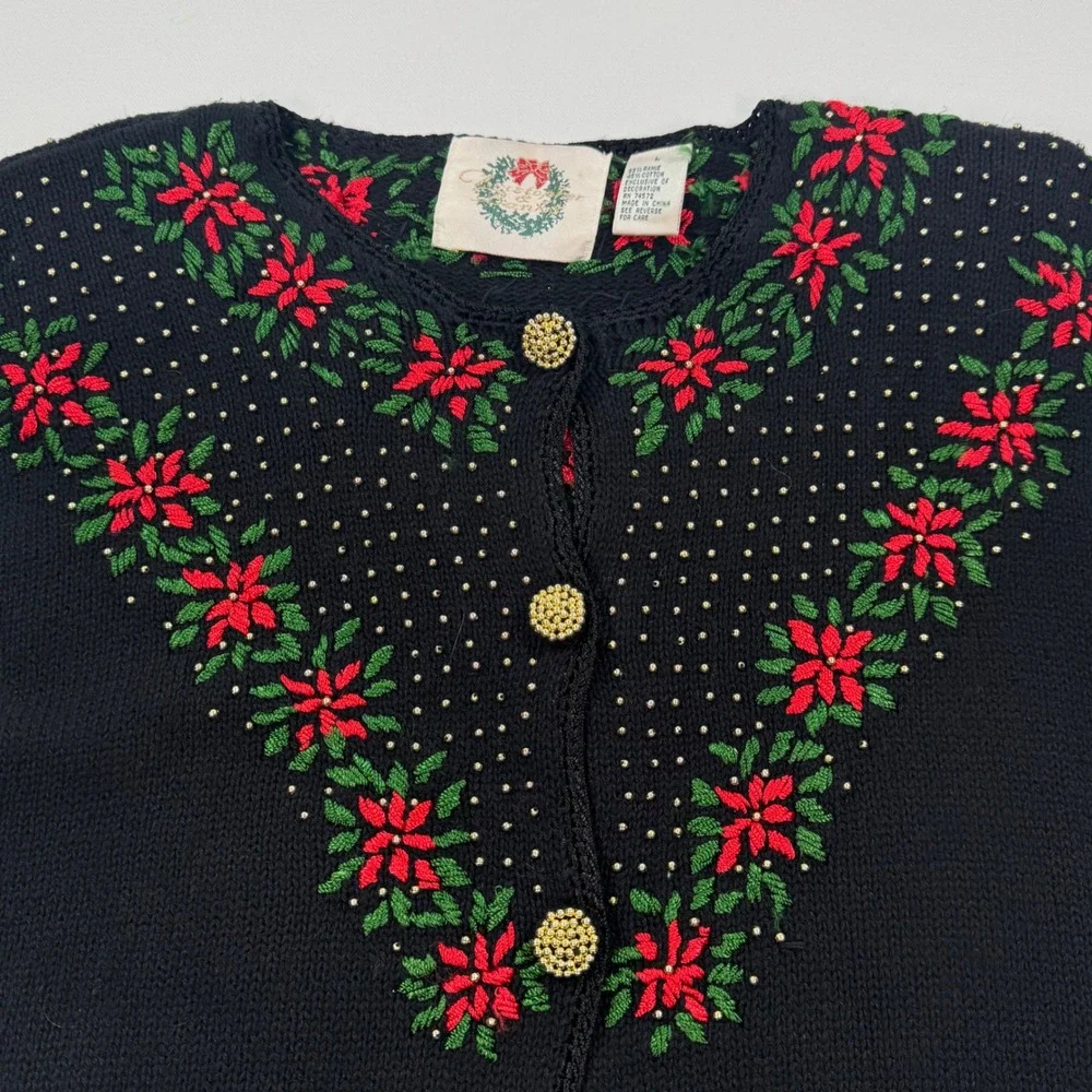 Christopher & Banks Christmas Cardigan Sweater Large Black Poinsettia Beaded L